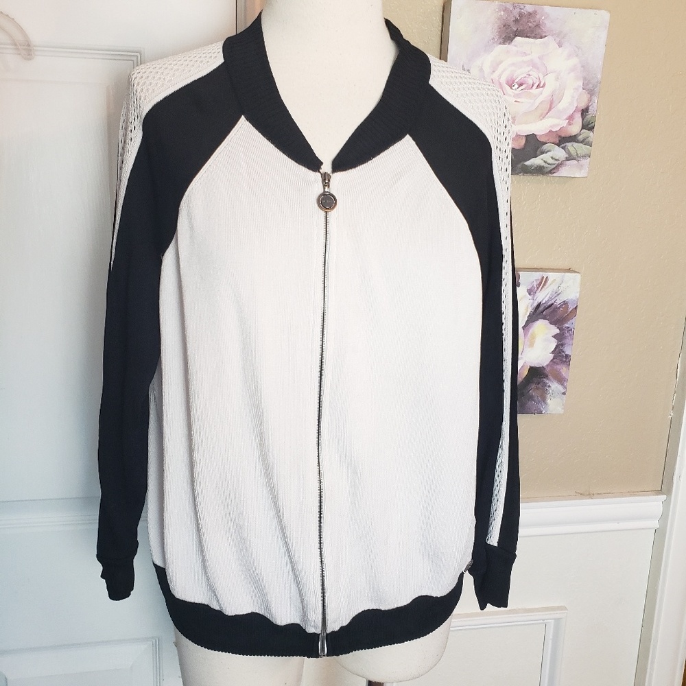 St John Black White Perforated Knit Cardigan L